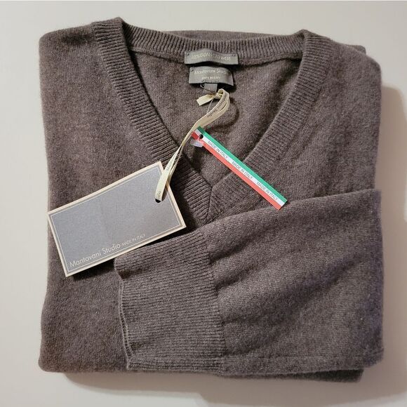 Mantovani Studio Men's Brown Cashmere V-neck Long Sleeve Sweater - Picture 15 of 15